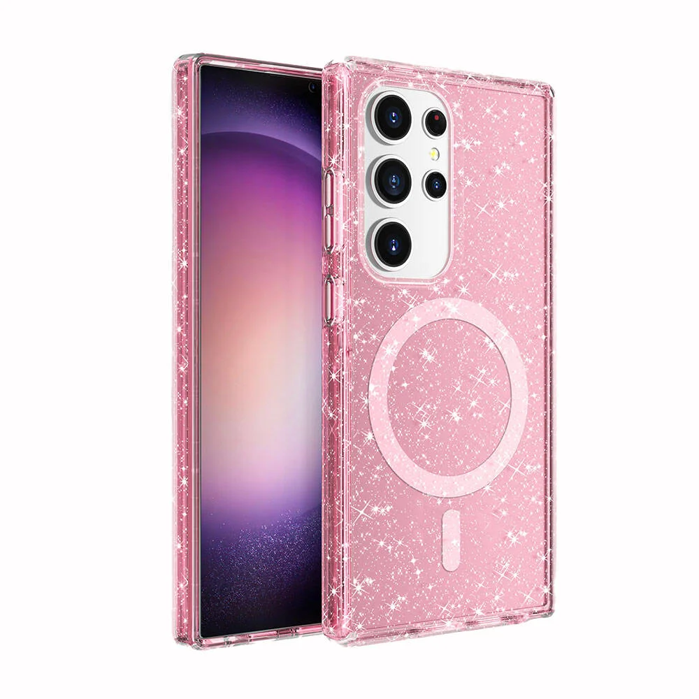 Galaxy S24 Ultra Kılıf Magsafe Şarj Özellikli Parlayan Simli Saydam Renkli Zore Allstar Kapak - Pembe