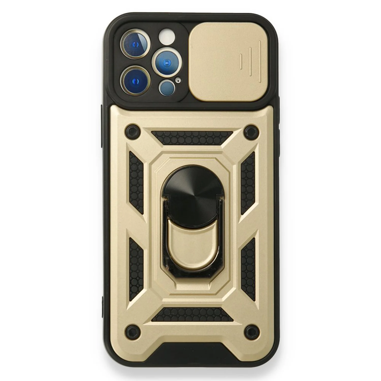 Nettech Apple iPhone 12 Pro Uyumlu Kızaklı Panzer Seri Arka Koruma Kılıf (Gold) NT-85944