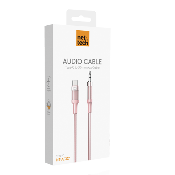Nettech NT-AC07 Plastik 100 Cm Type-C To Aux Kablosu (Pembe) NT-108332 - 3