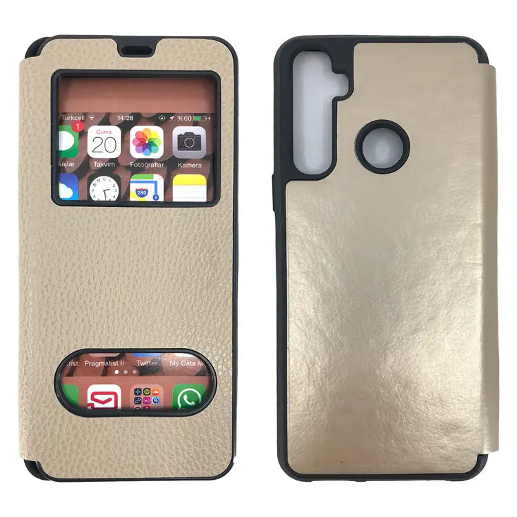 Nettech Realme 5i Uyumlu Pencereli Kapaklı Kılıf (Gold) NT-84531