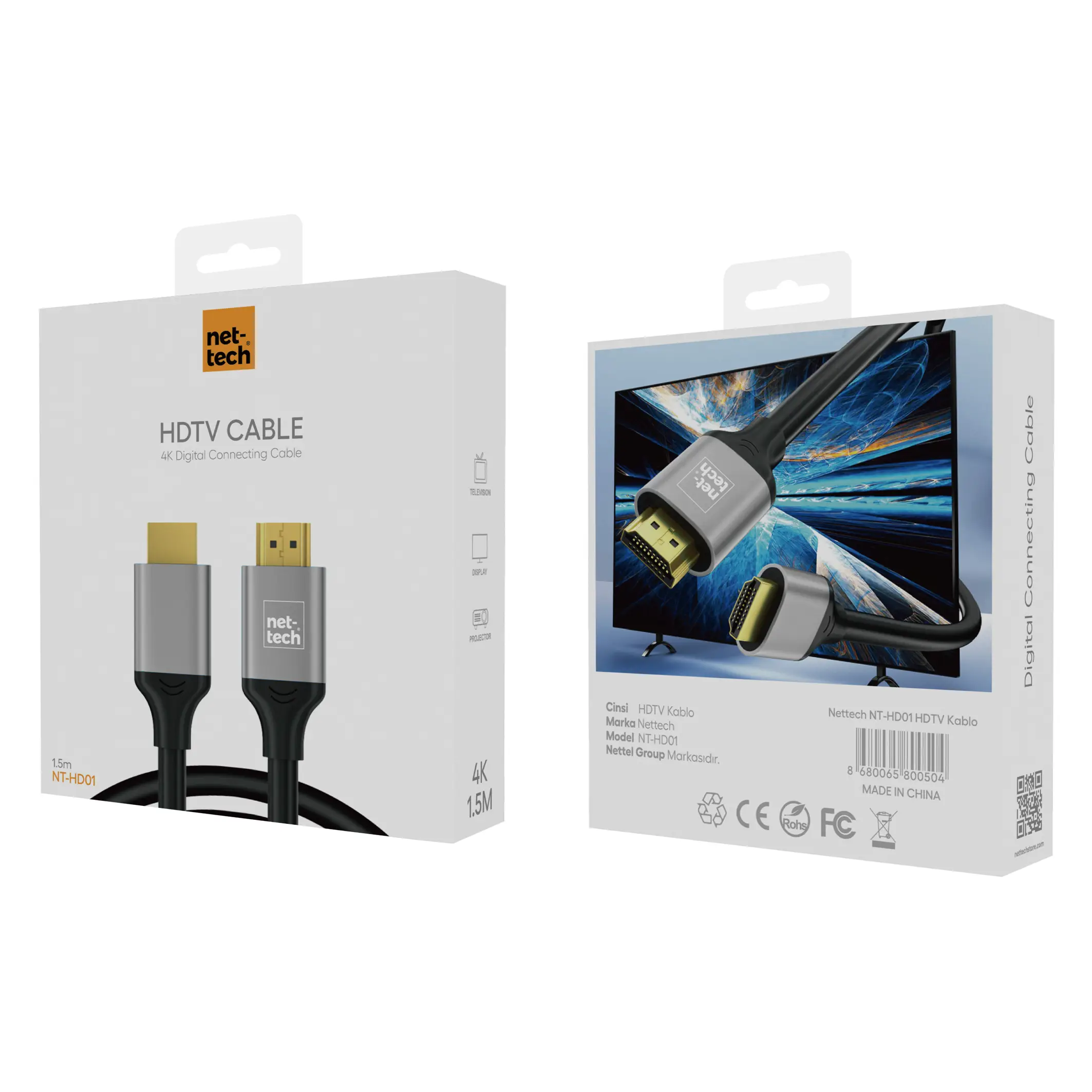 Nettech NT-HD01 4K İp Örgü 150 Cm Hdmi Kablo (Siyah) NT-100949