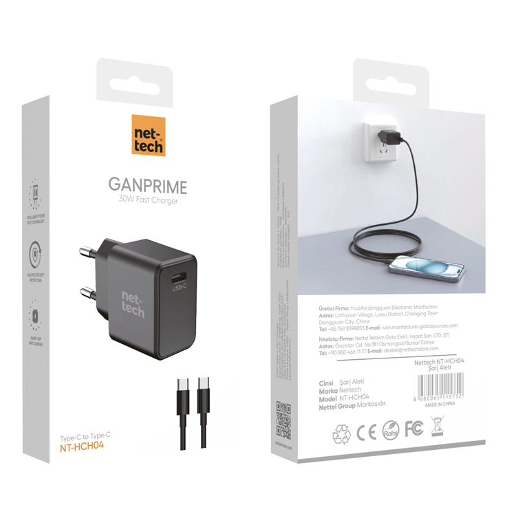 Nettech NT-HCH04 PD GaNPrime 30W Type-C To Type-C Şarj Aleti (Siyah) NT-HCH04