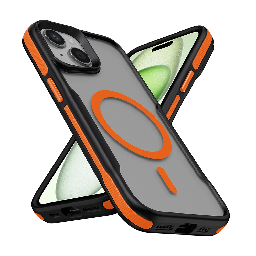 Apple iPhone 15 Kılıf Magsafe Şarj Özellikli Renkli Kenar Airbag Şeritli Zore Lamer Kapak - Turuncu