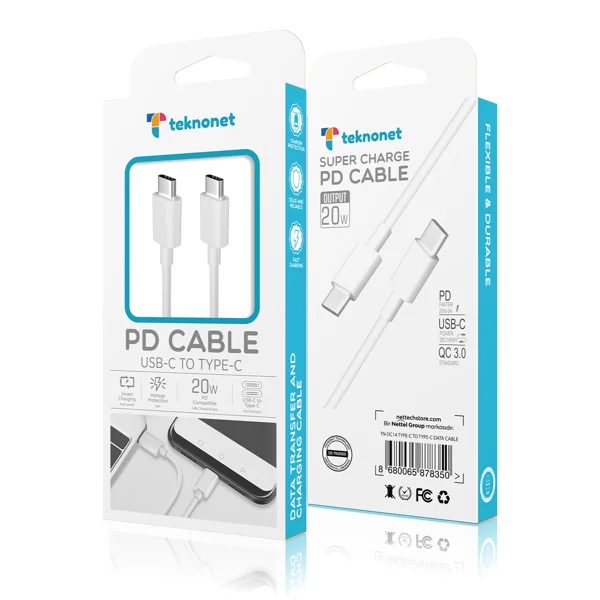 Teknonet TN-DC14 PD 20W QC3.0A Plastik 100 Cm Type-C To Type-C Şarj ve Data Kablosu (Beyaz) NT-92580