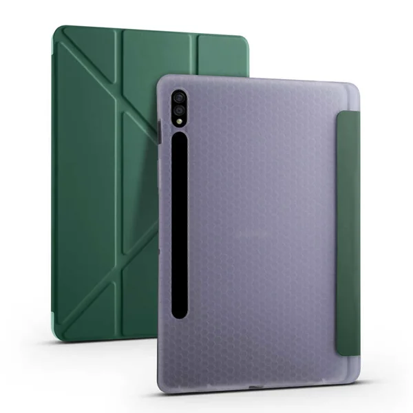 Galaxy Tab S7 Plus T970 Kılıf Zore Tri Folding Kalem Bölmeli Standlı Kılıf - Koyu Yeşil - 1