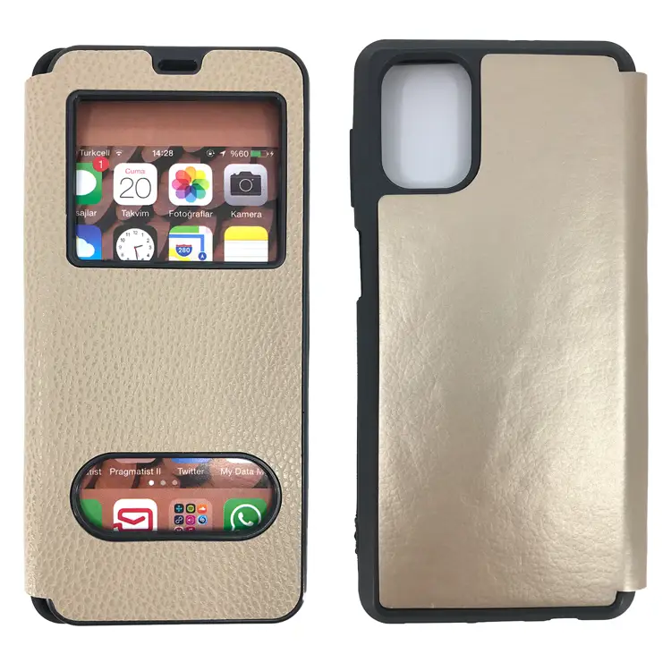 Nettech Samsung Galaxy M51 Uyumlu Pencereli Kapaklı Kılıf (Gold) NT-84477