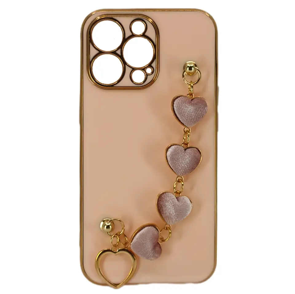Nettech Apple iPhone 13 Pro Uyumlu Lüx Kalp Zincir Arka Koruma Kılıf (Rose Gold) NT-94821