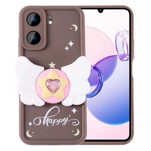 Xiaomi Redmi 13C Kılıf Kamera Korumalı Figür Tasarımlı Zore Kapya Kapak - Koyu Kahve - 1